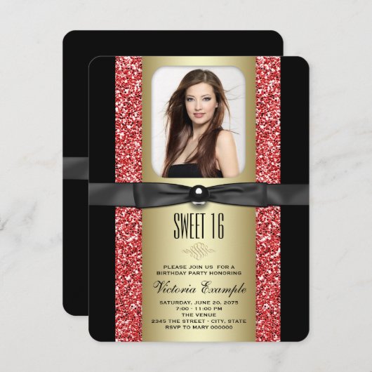 レッドブラックと金ゴールドグリッタースウィート16パーティー 招待状 (正面/裏面)