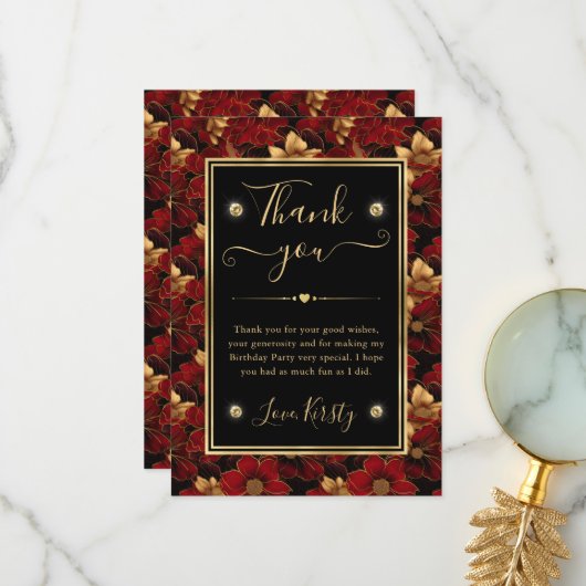 レッドブラックと金ゴールドマーブルフローラ誕生日 サンキューカード (正面/裏面インサイチュ)
