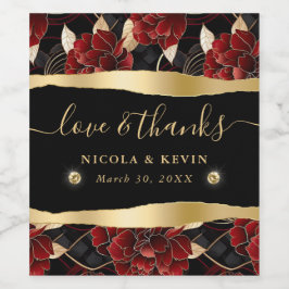 レッドブラックと金ゴールドマーブル結婚フローラ ワインラベル