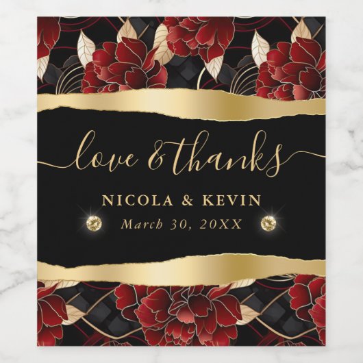 レッドブラックと金ゴールドマーブル結婚フローラ ワインラベル (シングルラベル)