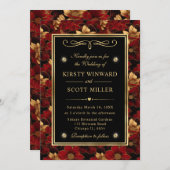 レッドブラックと金ゴールドマーブル結婚フローラ 招待状 (正面/裏面)