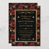 レッドブラックと金ゴールドマーブル結婚フローラ 招待状 (正面/裏面)