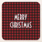 レッドブラックのバファローチェック柄 メリークリスマス スクエアペーパーコースター (正面)