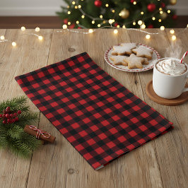 レッドブラックのバファローチェック柄 ラスティッククリスマス キッチンタオル