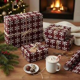 レッドブラックの田舎風チェック柄と雪の結晶のクリスマス ラッピングペーパー