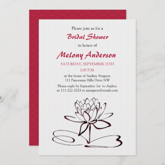 レッドブラックアジアロータスブライダルシャワー招待 招待状 (正面/裏面)