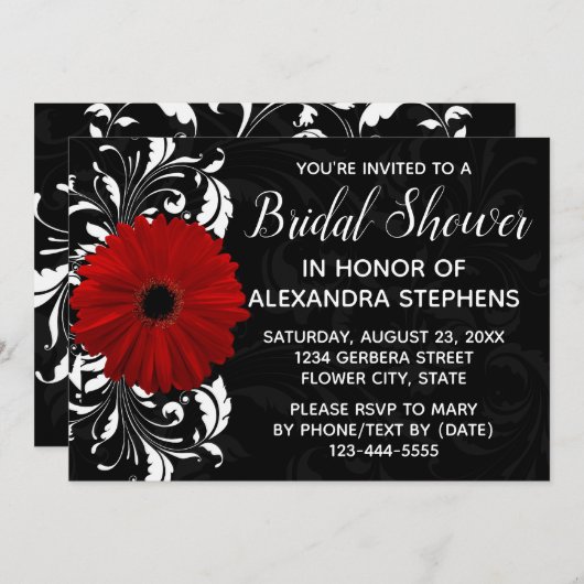 レッドブラックアンドホワイトガーベラデイジーブライダルシャワー 招待状 (正面/裏面)