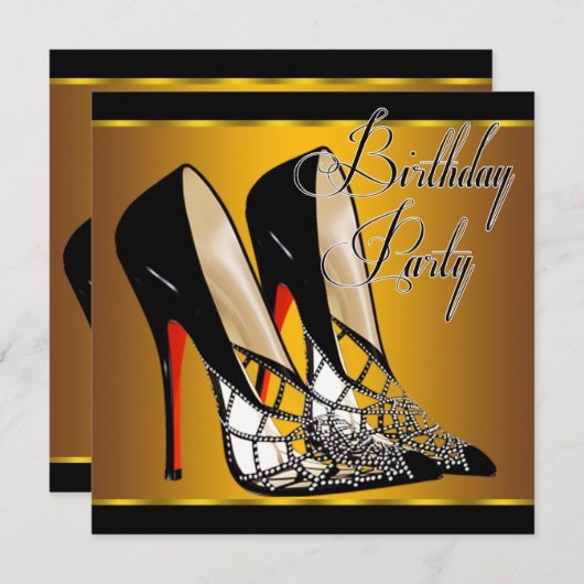 レッドブラックイエロー金ゴールドハイヒール誕生日パーティー 招待状 (正面/裏面)