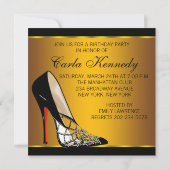 レッドブラックイエロー金ゴールドハイヒール誕生日パーティー 招待状 (裏面)