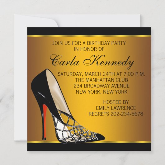 レッドブラックイエロー金ゴールドハイヒール誕生日パーティー 招待状 (裏面)