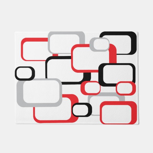 レッドブラックグレーヴィンテージレトロスクエアホワイト ドアマット (正面)