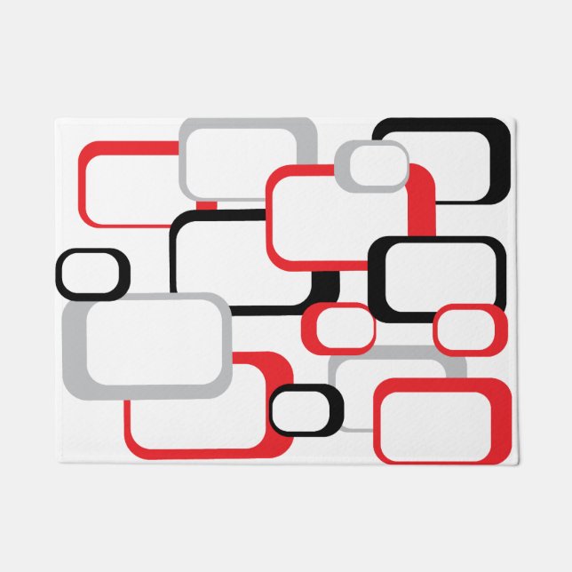 レッドブラックグレーヴィンテージレトロスクエアホワイト ドアマット (正面)