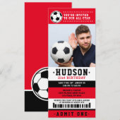 レッドブラックサッカーチケット誕生日パーティー写真 招待状 (正面/裏面)