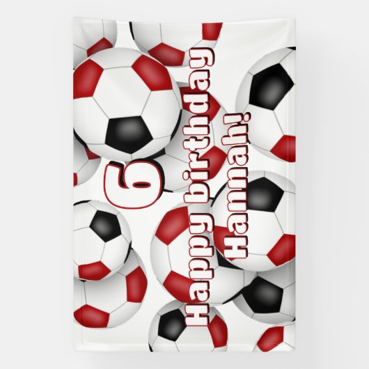 レッドブラックサッカーボール子供の誕生日お祝い 横断幕 (縦)