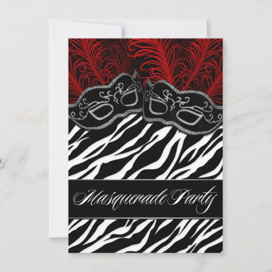 レッドブラックゼブラ仮装舞踏会パーティの招待状 招待状 (正面)