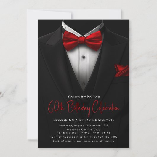 レッドブラックタキシドメンズ任意の数誕生日 招待状 (正面)
