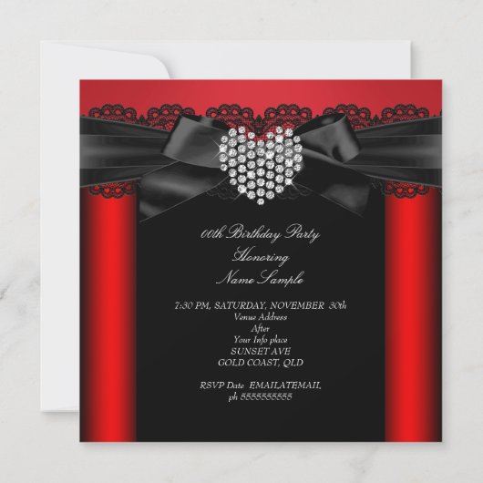 レッドブラックダイヤモンドハートエレガントな誕生日パーティー 招待状 (裏面)