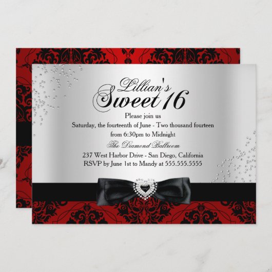 レッドブラックダマスクスパークルスウィート16招待状 招待状 (正面/裏面)