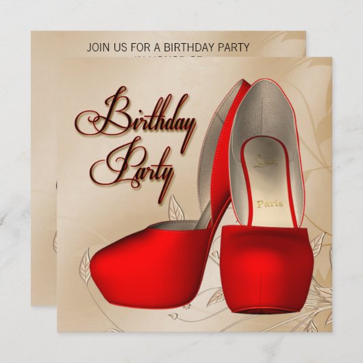 レッドブラックダマスクハイヒールシューズバースデーパーティー 招待状 (正面/裏面)