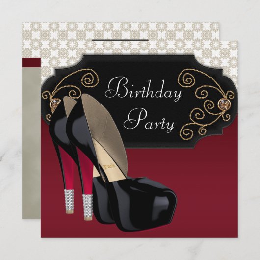 レッドブラックダマスクハイヒールシューズバースデーパーティー 招待状 (正面/裏面)