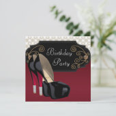 レッドブラックダマスクハイヒールシューズバースデーパーティー 招待状 (スタンド正面)