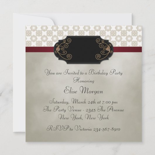 レッドブラックダマスクハイヒールシューズバースデーパーティー 招待状 (裏面)