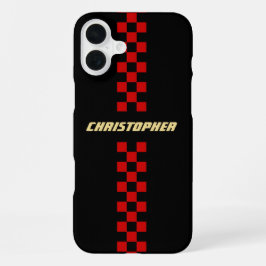 レッドブラックチェック柄レースフラグゴールドモノグラム iPhone 16 PLUSケース