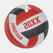 レッドブラックチームカラーズボーイズガールバレーボール ガラスオーナメント (正面)