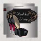 レッドブラックハイヒールシューズバースデーパーティー 招待状 (正面/裏面)