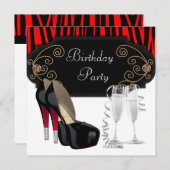レッドブラックハイヒールシューズバースデーパーティー 招待状 (正面/裏面)
