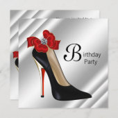 レッドブラックハイヒールシューバースデーパーティー 招待状 (正面/裏面)