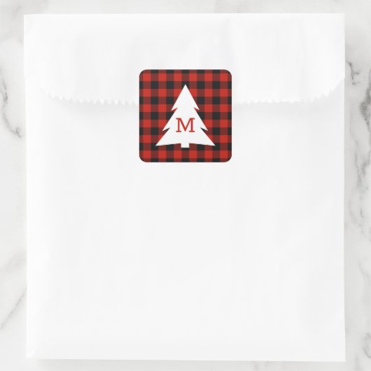 レッドブラックバッファローチェックモノグラムクリスマスホリデー スクエアシール (バッグ)
