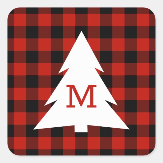 レッドブラックバッファローチェックモノグラムクリスマスホリデー スクエアシール (正面)