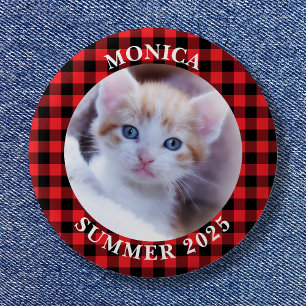 レッドブラックバッファローチェック柄のフレーム付き家族写真 缶バッジ
