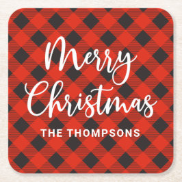 レッドブラックバッファローチェックMerry Christmas Script スクエアペーパーコースター