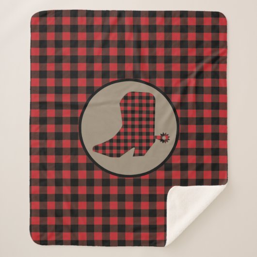 レッドブラックバッファロープレイドカウボーブーツ シェルパブランケット (正面)