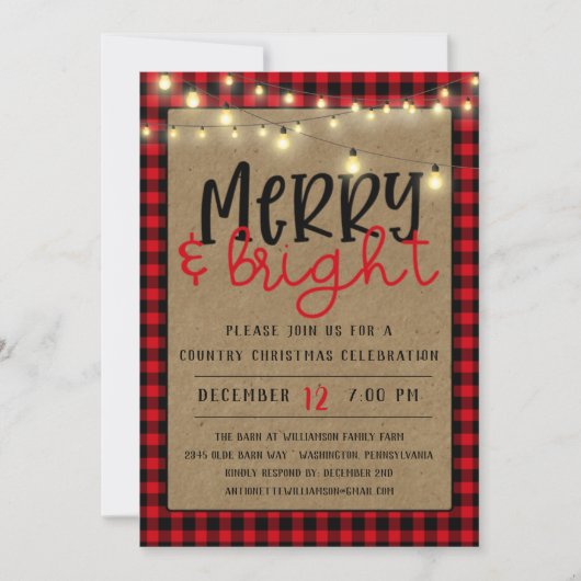 レッドブラックバッファロープレイドクラフトクリスマスパーティーイン 招待状 (正面)