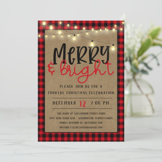 レッドブラックバッファロープレイドクラフトクリスマスパーティーイン 招待状 (スタンド正面)