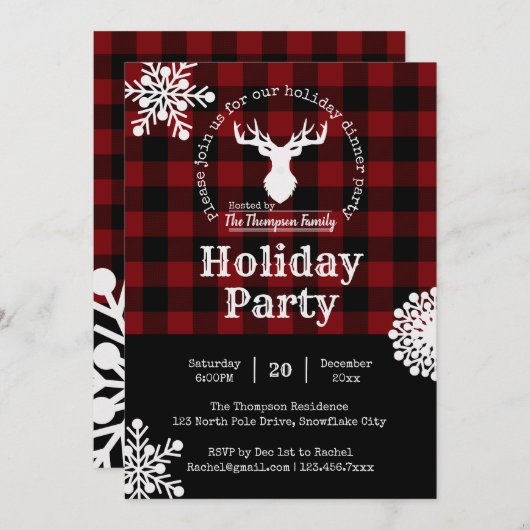 レッドブラックバッファロープレイドクリスマスホリデーパーティー 招待状 (正面/裏面)