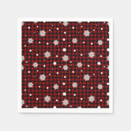レッドブラックバッファロープレイドスノーフレーク冬のクリスマス スタンダードカクテルナプキン