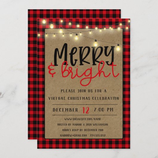 レッドブラックバッファロープレイドバーチャルクリスマスパーティー 招待状 (正面/裏面)