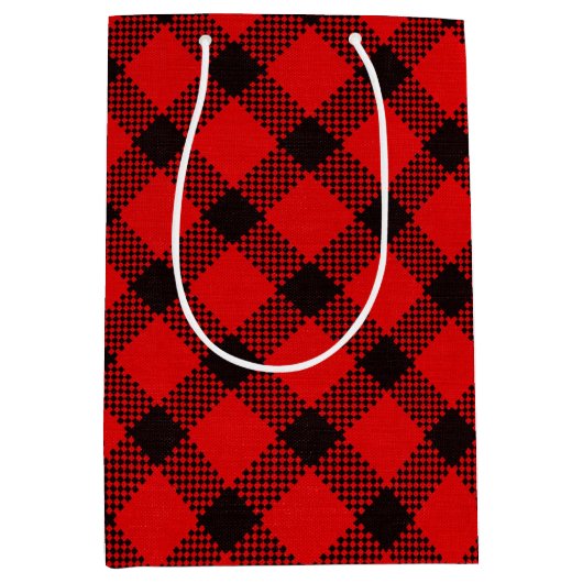 レッドブラックバッファロープレイドパターンクリスマス  ミディアムペーパーバッグ (正面)