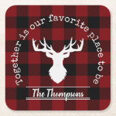 レッドブラックバッファロープレイドファミリーパーティー スクエアペーパーコースター (正面)