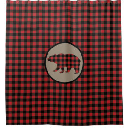 レッドブラックバッファロープレイドベア シャワーカーテン