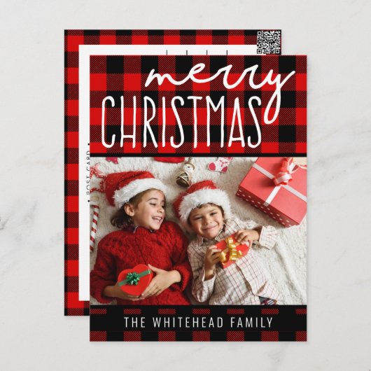 レッドブラックバッファロープレイドメリークリスマスフォト シーズンポストカード (正面/裏面)