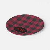 レッドブラックバッファロープレイドモノグラムイニシャル ペーパープレート (アングル)