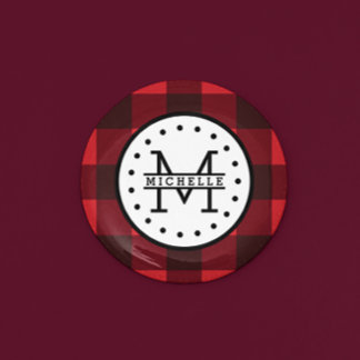 レッドブラックバッファロープレイドランバージャックネームモノグラム 缶バッジ