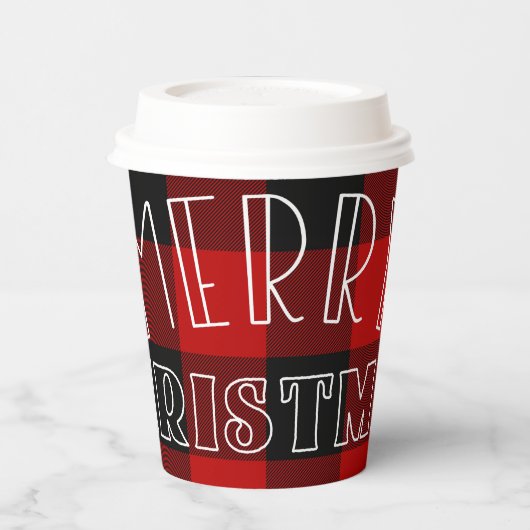レッドブラックバッファロープレイド市松模様にメリークリスマス 紙コップ (左)