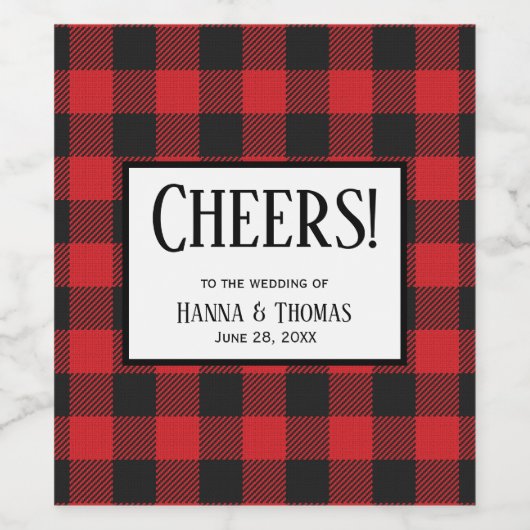 レッドブラックバッファロープレイド結婚式の引き出物 ワインラベル (シングルラベル)