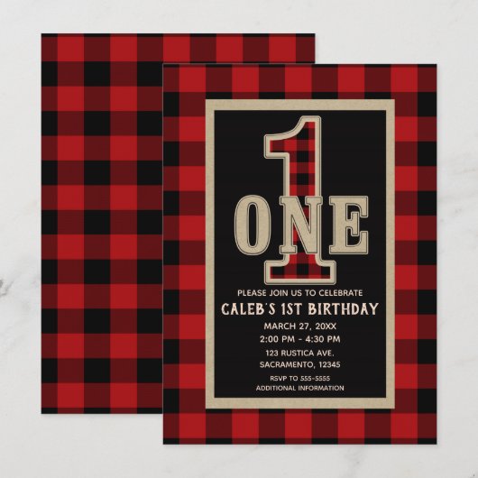 レッドブラックバファローチェックの1歳の誕生日パーティー 招待状 (正面/裏面)